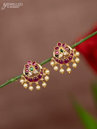 Antique earring chandbali deisgn in multicolor kemp stones and pearl hanging