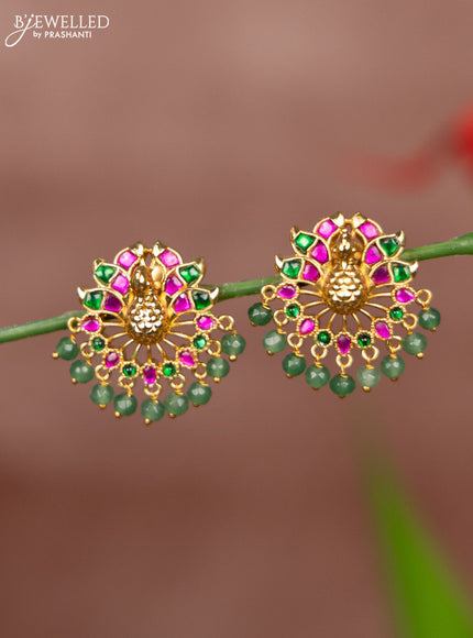 Antique earring 3D peacock deisgn with jadau stones and green beads hanging
