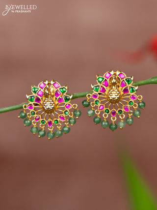 Antique earring 3D peacock deisgn with jadau stones and green beads hanging