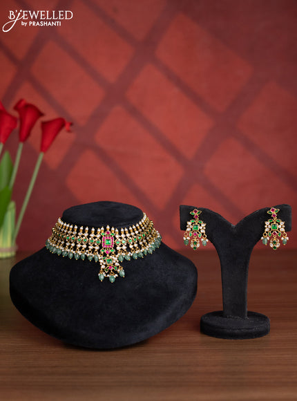 Antique choker with kemp jadau kundan stones in mint green beads hangings