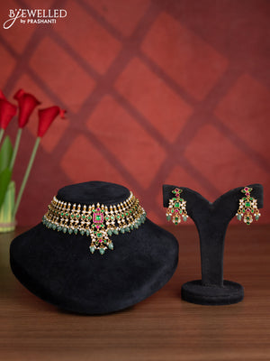 Antique choker with kemp jadau kundan stones in mint green beads hangings