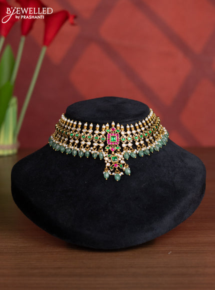 Antique choker with kemp jadau kundan stones in mint green beads hangings