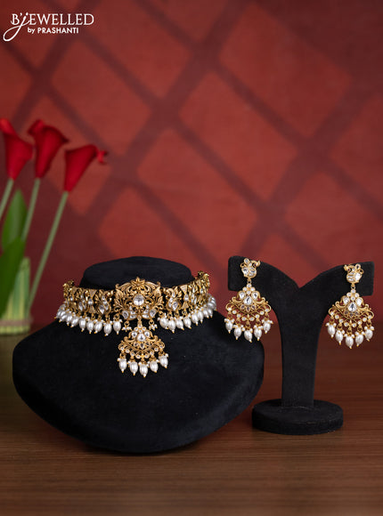 Antique choker peacock design with kundan and cz stones in pearl hangings