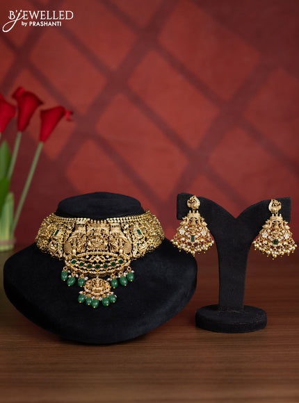 Antique choker lakshmi design with green kemp and cz stones in green beads hangings