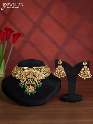 Antique choker lakshmi design with green kemp and cz stones in green beads hangings