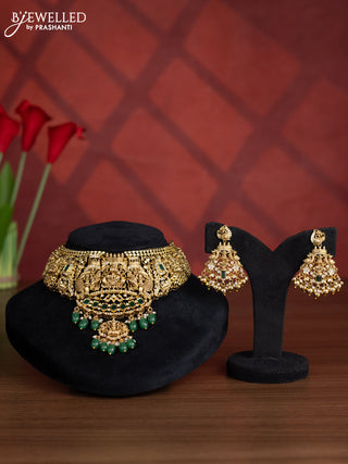 Antique choker lakshmi design with green kemp and cz stones in green beads hangings