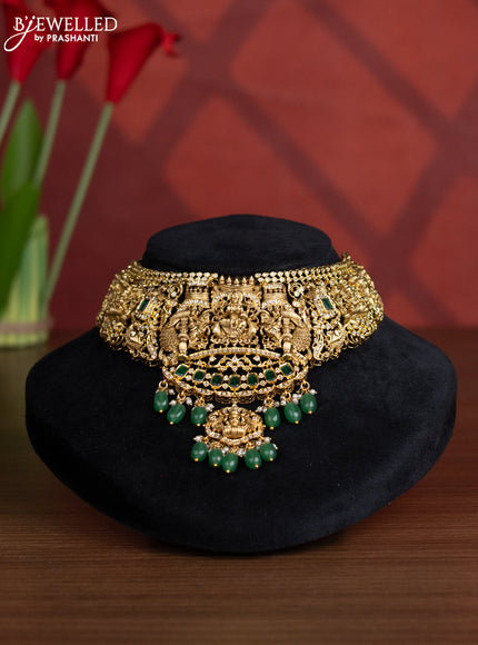 Antique choker lakshmi design with green kemp and cz stones in green beads hangings