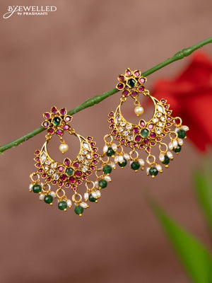 Antique earring chandbali type floral deisgn in multicolor kemp stones and rice pearl hangings