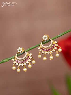 Antique earring chandbali design with kemp & cz stones and pearl hangings