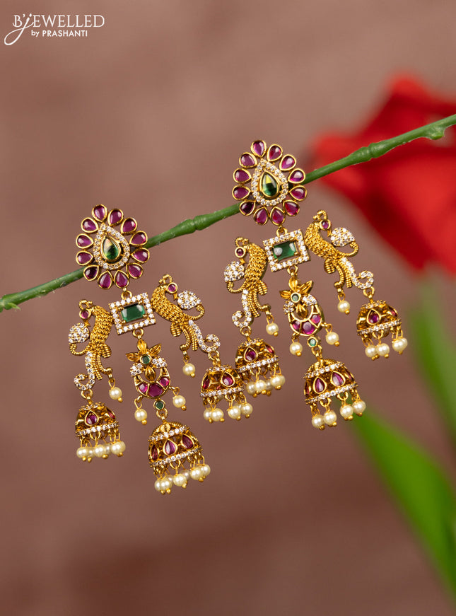 Antique earring peacock design with kemp and cz stones in pearl hangings