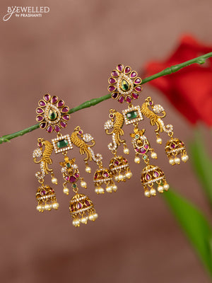 Antique earring peacock design with kemp and cz stones in pearl hangings