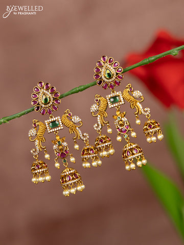 Antique earring peacock design with kemp and cz stones in pearl hangings