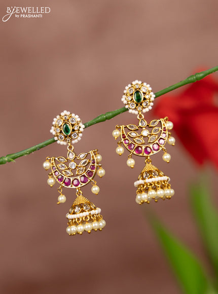 Antique earring chandbali design with kemp and cz stones in pearl hangings