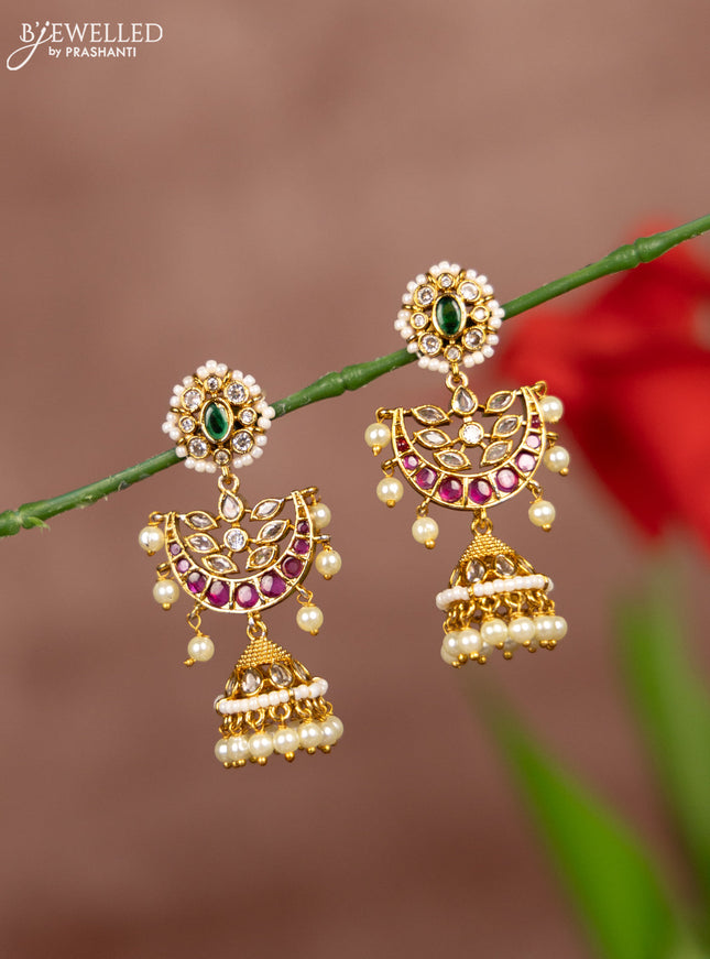 Antique earring chandbali design with kemp and cz stones in pearl hangings