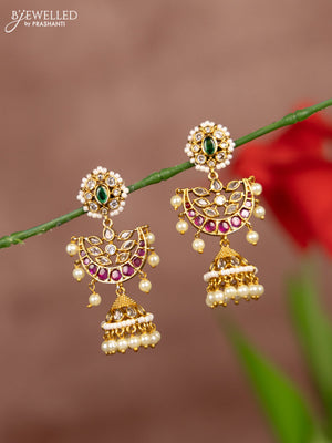 Antique earring chandbali design with kemp and cz stones in pearl hangings