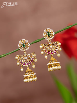 Antique earring chandbali design with kemp and cz stones in pearl hangings