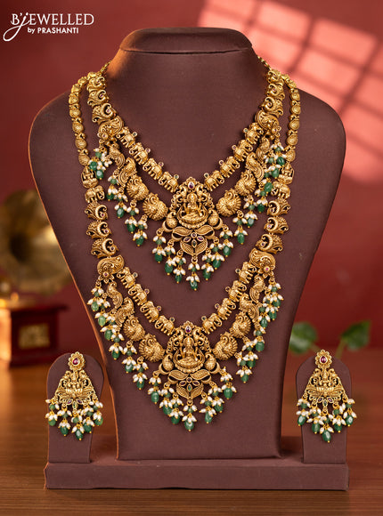 Antique combo set lakshmi design with kemp stones and pearl & green beads hangings