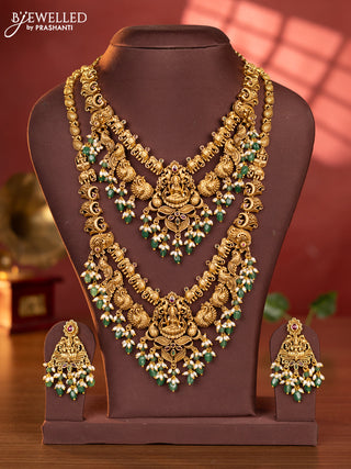 Antique combo set lakshmi design with kemp stones and pearl & green beads hangings