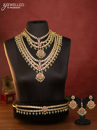 Antique combo set triple layer with kemp jadau and kundan cz stones in pearl & mint green beads hangings