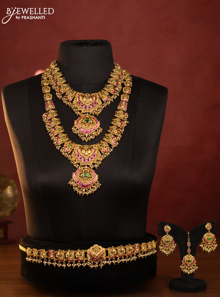 Antique combo set peacock design with kemp jadau and kundan cz stones in pearl & golden beads hangings