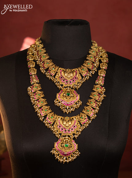 Antique combo set peacock design with kemp jadau and kundan cz stones in pearl & golden beads hangings