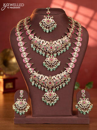 Antique combo set peacock design with kemp jadau and cz stones in pearl & mint green beads hangings