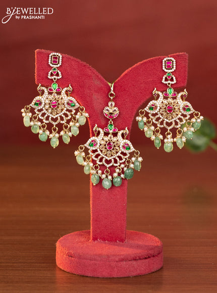 Antique combo set peacock design with kemp jadau and cz stones in pearl & mint green beads hangings