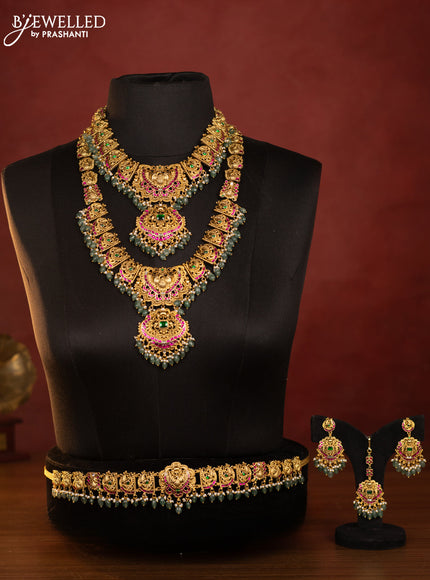 Antique combo set peacock design with kemp jadau kundan stones in pearl & mint green beads hangings