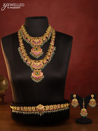 Antique combo set peacock design with kemp jadau kundan stones in pearl & mint green beads hangings