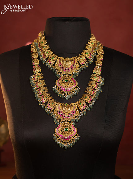 Antique combo set peacock design with kemp jadau kundan stones in pearl & mint green beads hangings