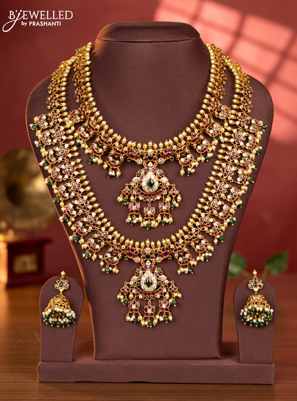 Antique combo set floral design with kemp & cz stones and pearl & green beads hangings
