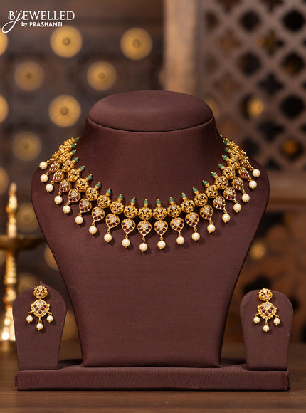 Antique necklace with pink kemp and cz stones in pearl hangings