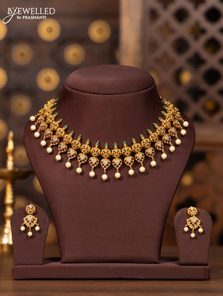 Antique necklace with pink kemp and cz stones in pearl hangings