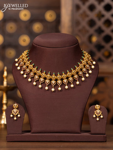 Antique necklace with pink kemp and cz stones in pearl hangings
