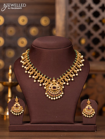 Antique necklace with pink kemp and cz stones in pearl hangings