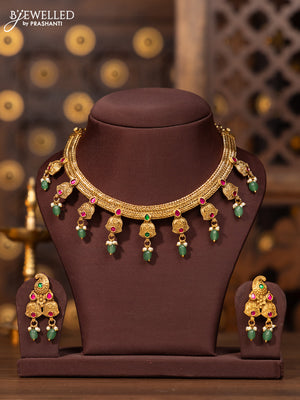 Antique necklace with kemp jadau stones in pearl & mint green beads hangings