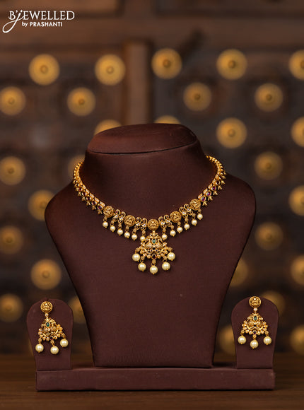 Antique necklace lakshmi design with kemp and cz stones in pearl hangings