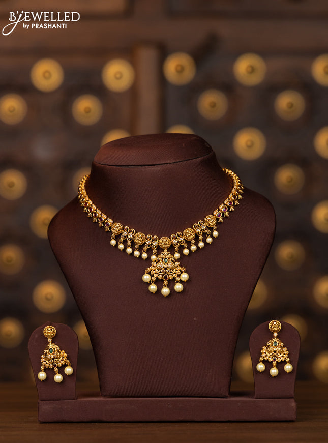 Antique necklace lakshmi design with kemp and cz stones in pearl hangings
