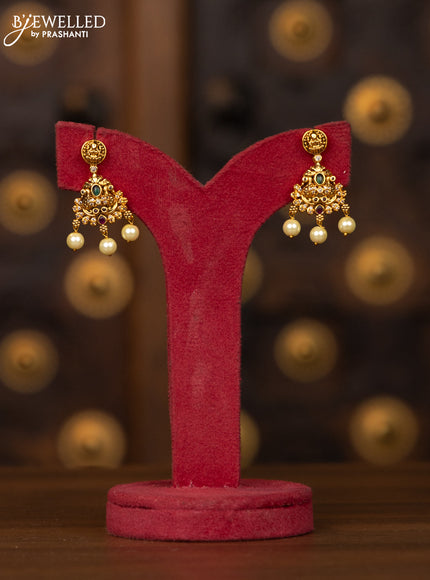 Antique necklace lakshmi design with kemp and cz stones in pearl hangings