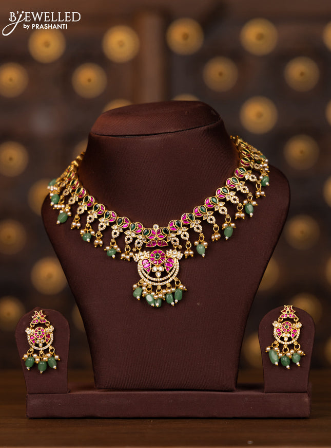 Antique necklace moon design with kemp jadau and cz stones in pearl & mint green beads hangings