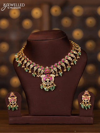 Antique necklace moon design with kemp jadau and cz stones in pearl & mint green beads hangings