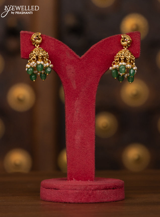 Antique necklace lakshmi design with pink kemp and cz stones in mint green beads hangings