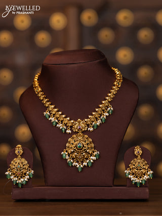 Antique necklace peacock design with kemp and cz stones in pearl & mint green beads hangings