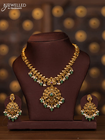 Antique necklace peacock design with kemp and cz stones in pearl & mint green beads hangings