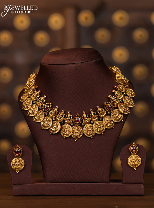 Antique necklace with lakshmi kasu design and pink kemp stones