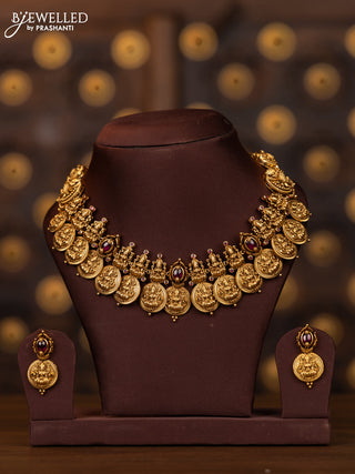 Antique necklace with lakshmi kasu design and pink kemp stones
