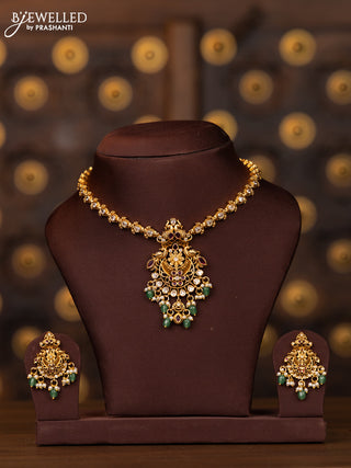 Antique necklace with pink kemp and kundan stones in mint green beads hangings