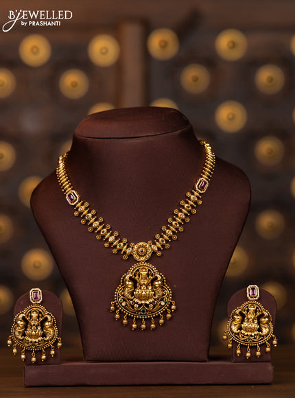 Antique necklace lakshmi design with kemp and cz stones and golden beads hangings