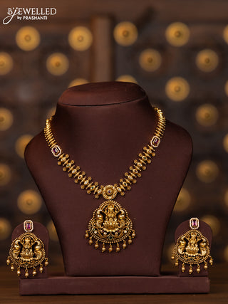 Antique necklace lakshmi design with kemp and cz stones and golden beads hangings