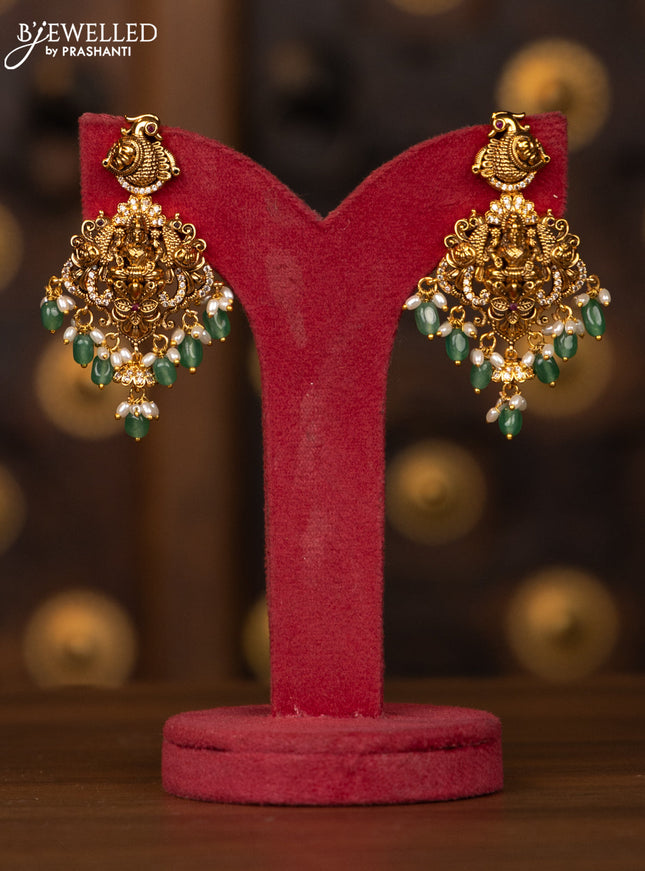 Antique necklace lakshmi design with pink kemp and cz stones in pearl & mint green beads hangings